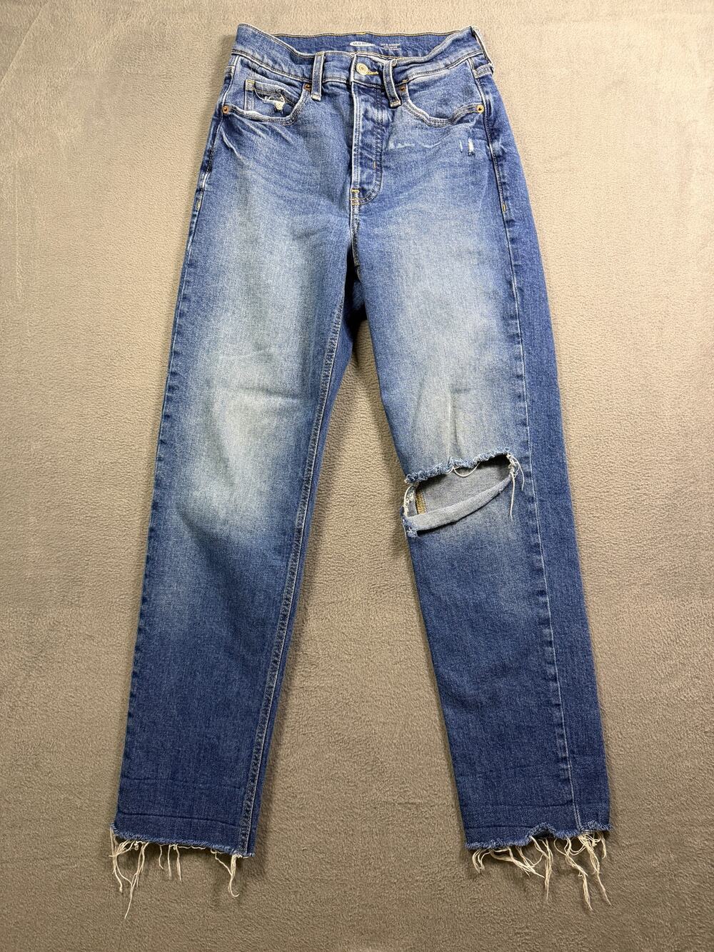 Old Navy OG Straight Jeans Womens Size 0 Blue Distressed High Rise Raw Hem Denim